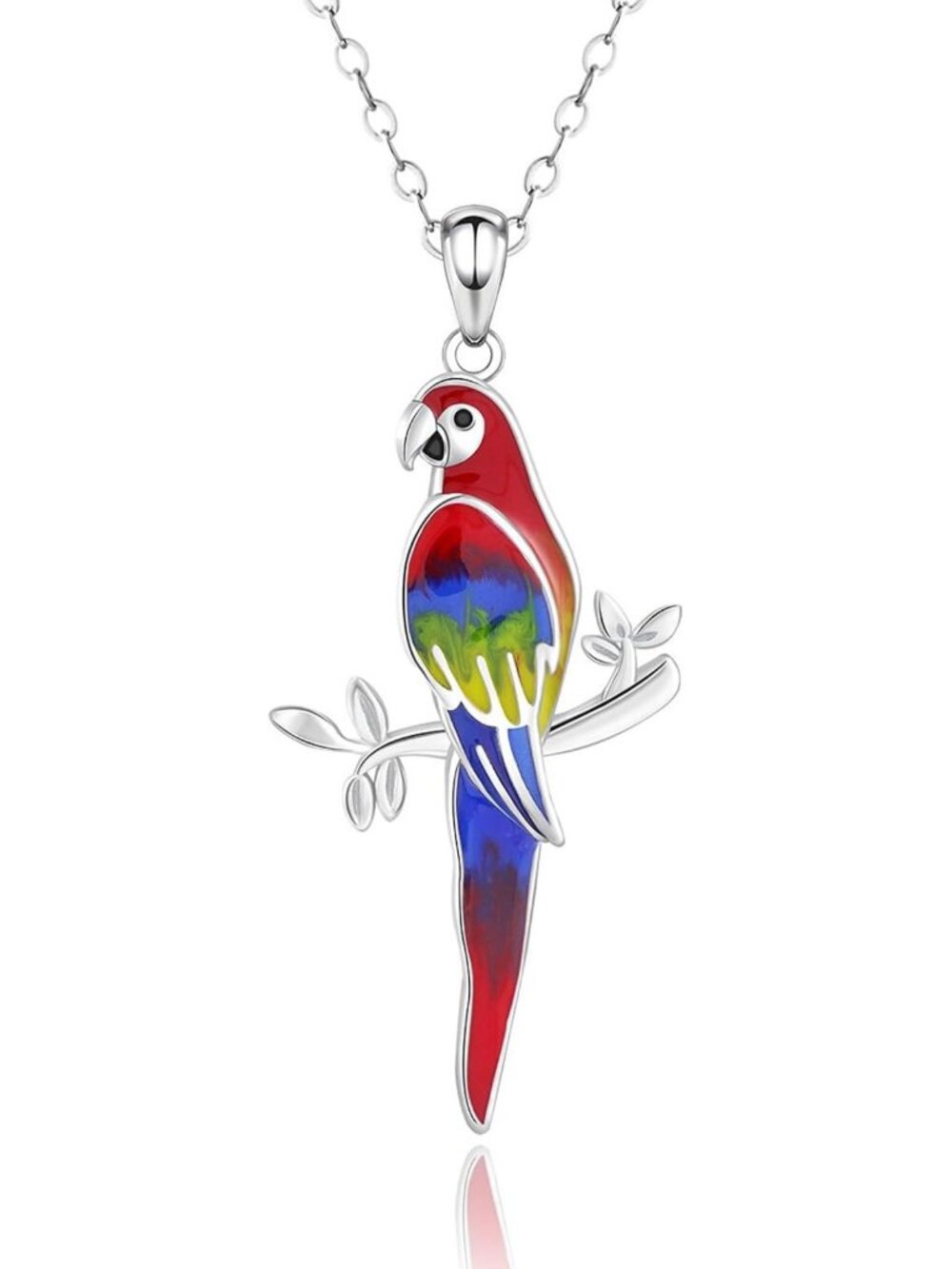 Colorful Parrot Pendant Necklace in 925 Sterling Silver - Unique Bird Jewelry